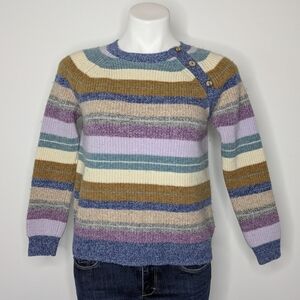Woolovers Purple Blue Cream Tan Striped Lambswool Wool Sweater M